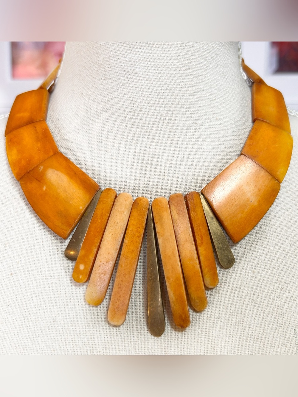 Vintage 60s Mid-Century Dyed Bone Fringe Statement Necklace Butterscotch & Brass